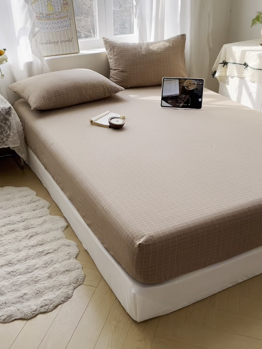 91家纺网 家纺一手货源 找家纺 六巷胡同 2026新款A类全棉纯棉水洗棉色织格子单品床笠 床笠单件 逐风-咖格