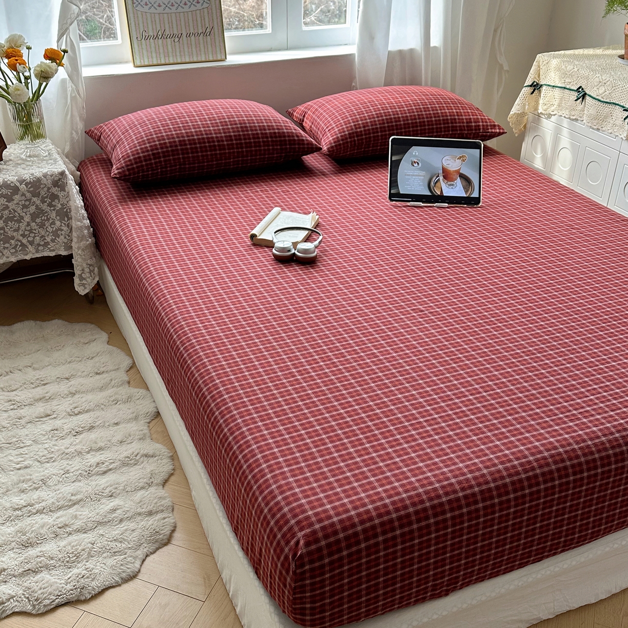 六巷胡同 2026新款A类全棉纯棉水洗棉色织格子单品床笠 床笠单件 追光-红格