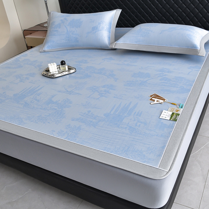 91家纺网 家纺一手货源 找家纺 小牛席业 2026新款【实拍风格】双PE高凉感-托斯卡纳凉感大提花冰丝席席子凉席-床笠款 蓝色