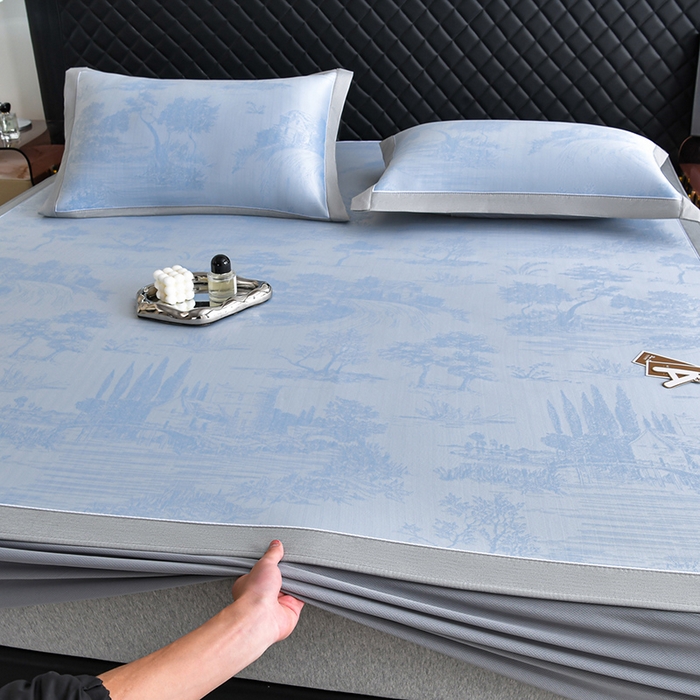 91家纺网 家纺一手货源 找家纺 小牛席业 2026新款【实拍风格】双PE高凉感-托斯卡纳凉感大提花冰丝席席子凉席-床笠款 蓝色