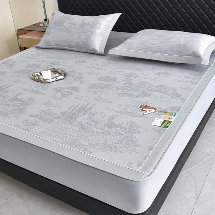 91家纺网 家纺一手货源 找家纺 小牛席业 2026新款【实拍风格】双PE高凉感-托斯卡纳凉感大提花冰丝席席子凉席-床笠款 灰色