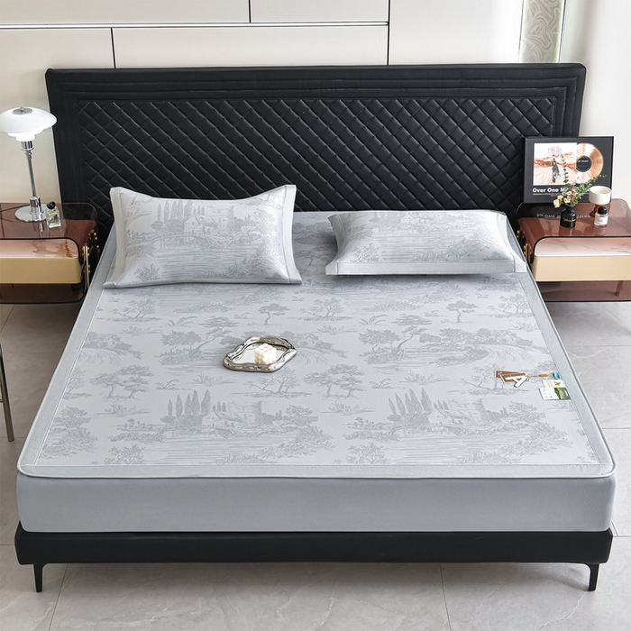 91家纺网 家纺一手货源 找家纺 小牛席业 2026新款【实拍风格】双PE高凉感-托斯卡纳凉感大提花冰丝席席子凉席-床笠款 灰色