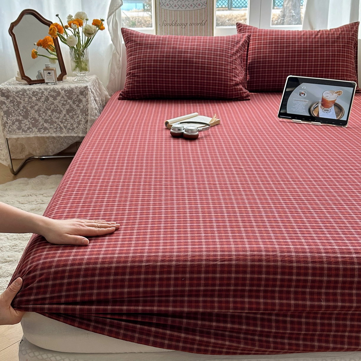 91家纺网 家纺一手货源 找家纺 六巷胡同 2026新款A类全棉纯棉水洗棉色织格子单品床笠 床笠单件 追光-红格