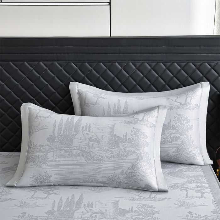 91家纺网 家纺一手货源 找家纺 小牛席业 2026新款【实拍风格】双PE高凉感-托斯卡纳凉感大提花冰丝席席子凉席-床笠款 灰色