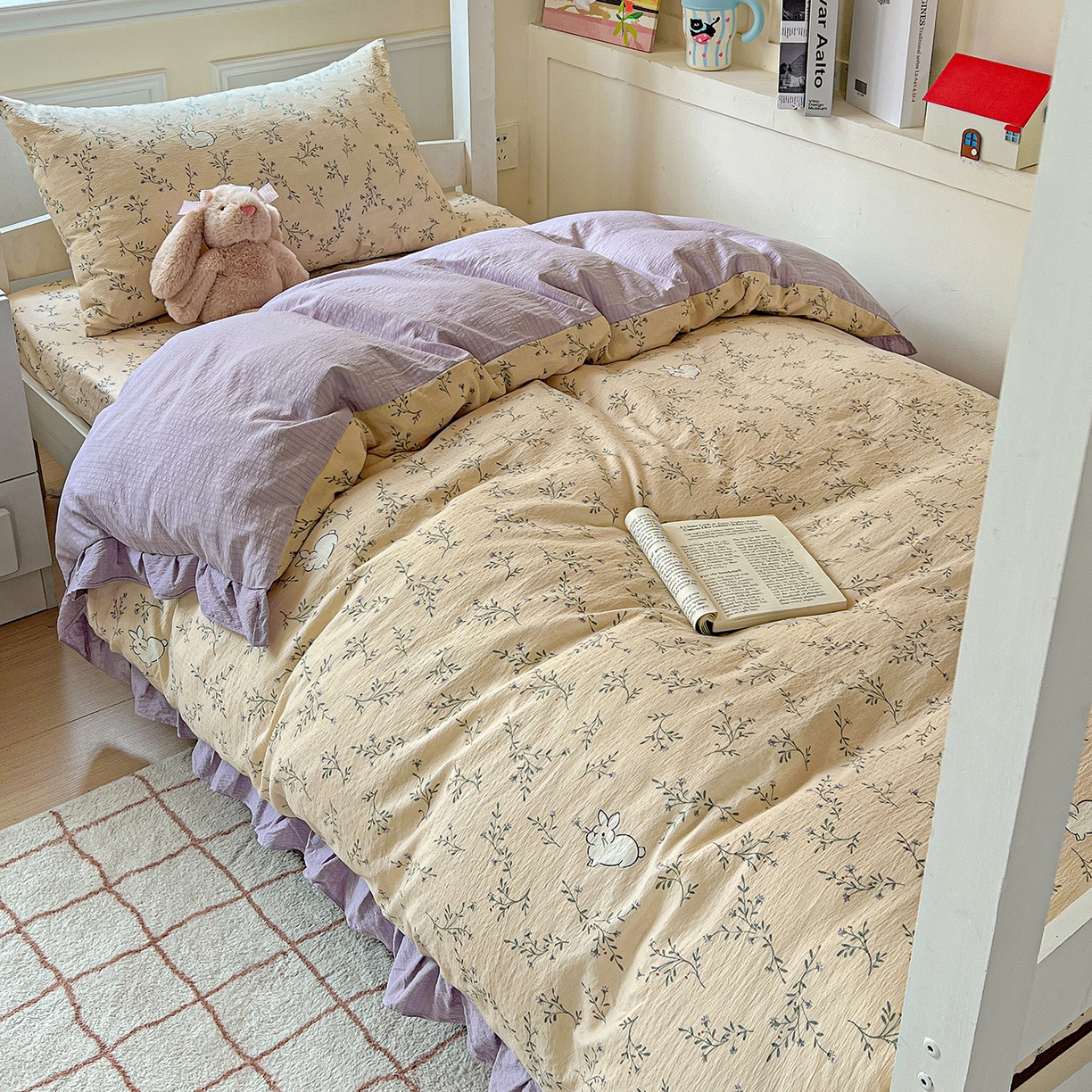 91家纺网 家纺一手货源 找家纺 纽缦家纺 2026新款云感提花双层纱学生床韩版床单床笠三四件套 森田野园