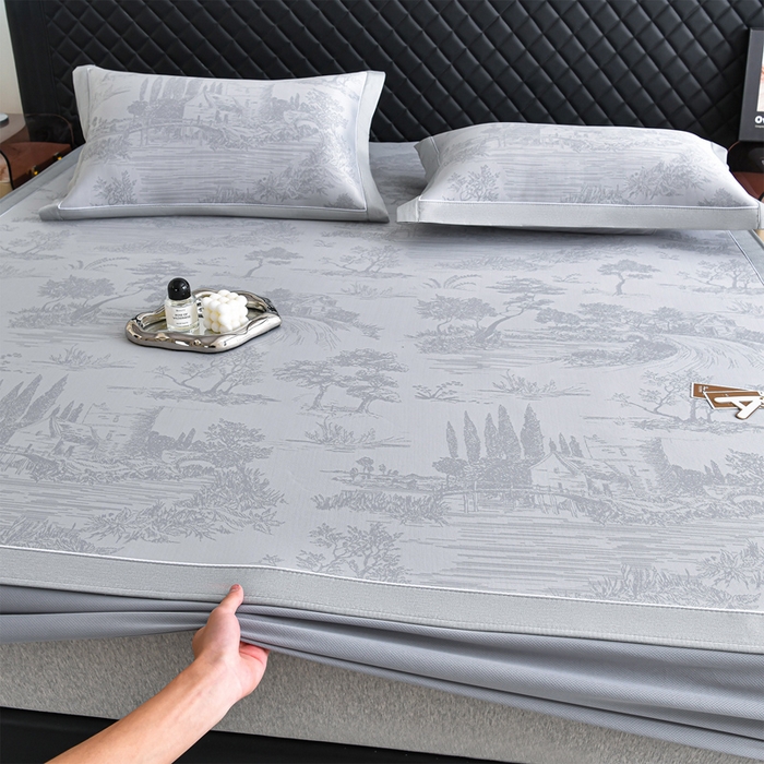 91家纺网 家纺一手货源 找家纺 小牛席业 2026新款【实拍风格】双PE高凉感-托斯卡纳凉感大提花冰丝席席子凉席-床笠款 灰色