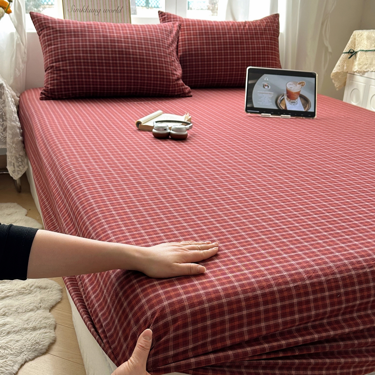 91家纺网 家纺一手货源 找家纺 六巷胡同 2026新款A类全棉纯棉水洗棉色织格子单品床笠 床笠单件 追光-红格