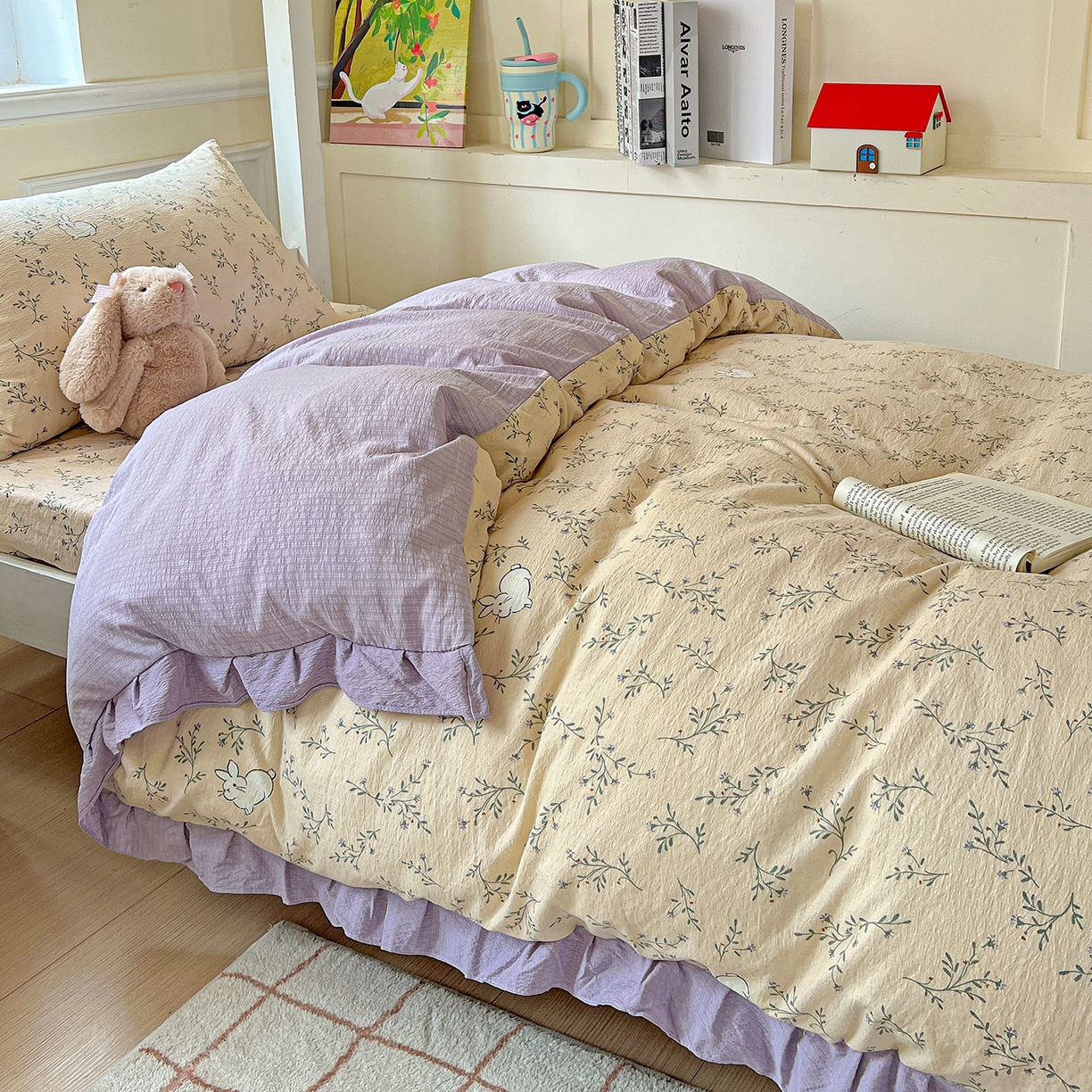 91家纺网 家纺一手货源 找家纺 纽缦家纺 2026新款云感提花双层纱学生床韩版床单床笠三四件套 森田野园