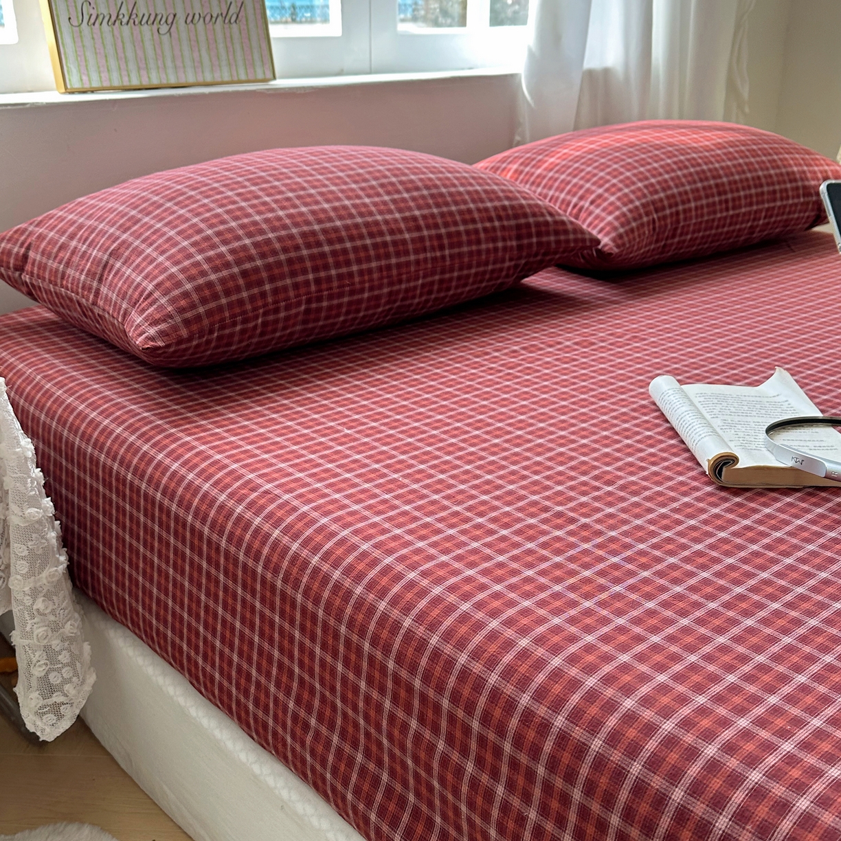 91家纺网 家纺一手货源 找家纺 六巷胡同 2026新款A类全棉纯棉水洗棉色织格子单品床笠 床笠单件 追光-红格