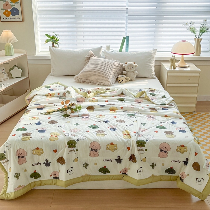 91家纺网 家纺一手货源 找家纺 帕拉美拉 2026新款A类印花冰凉丝凉感丝手包大宽边夏被 萌宠相聚