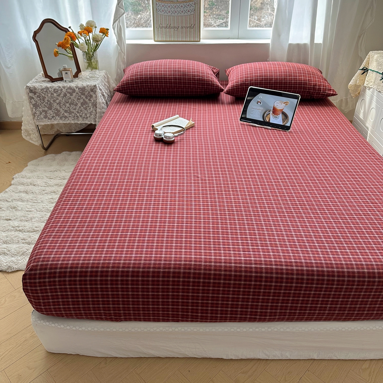 91家纺网 家纺一手货源 找家纺 六巷胡同 2026新款A类全棉纯棉水洗棉色织格子单品床笠 床笠单件 追光-红格
