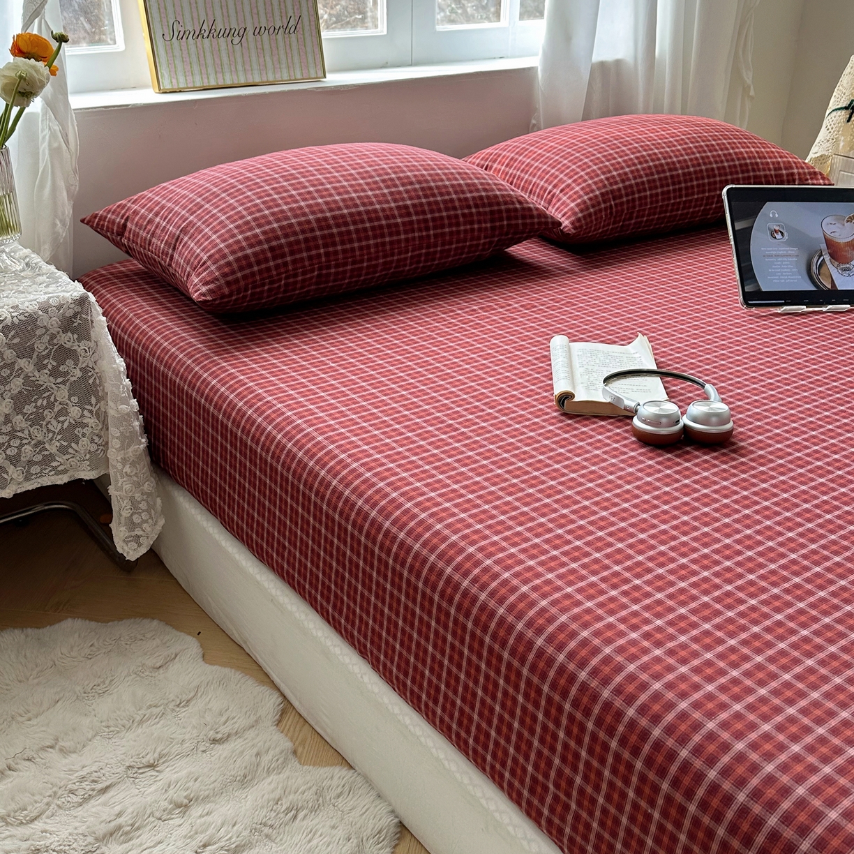 91家纺网 家纺一手货源 找家纺 六巷胡同 2026新款A类全棉纯棉水洗棉色织格子单品床笠 床笠单件 追光-红格