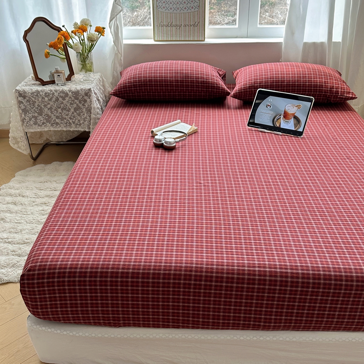91家纺网 家纺一手货源 找家纺 六巷胡同 2026新款A类全棉纯棉水洗棉色织格子单品床笠 床笠单件 追光-红格