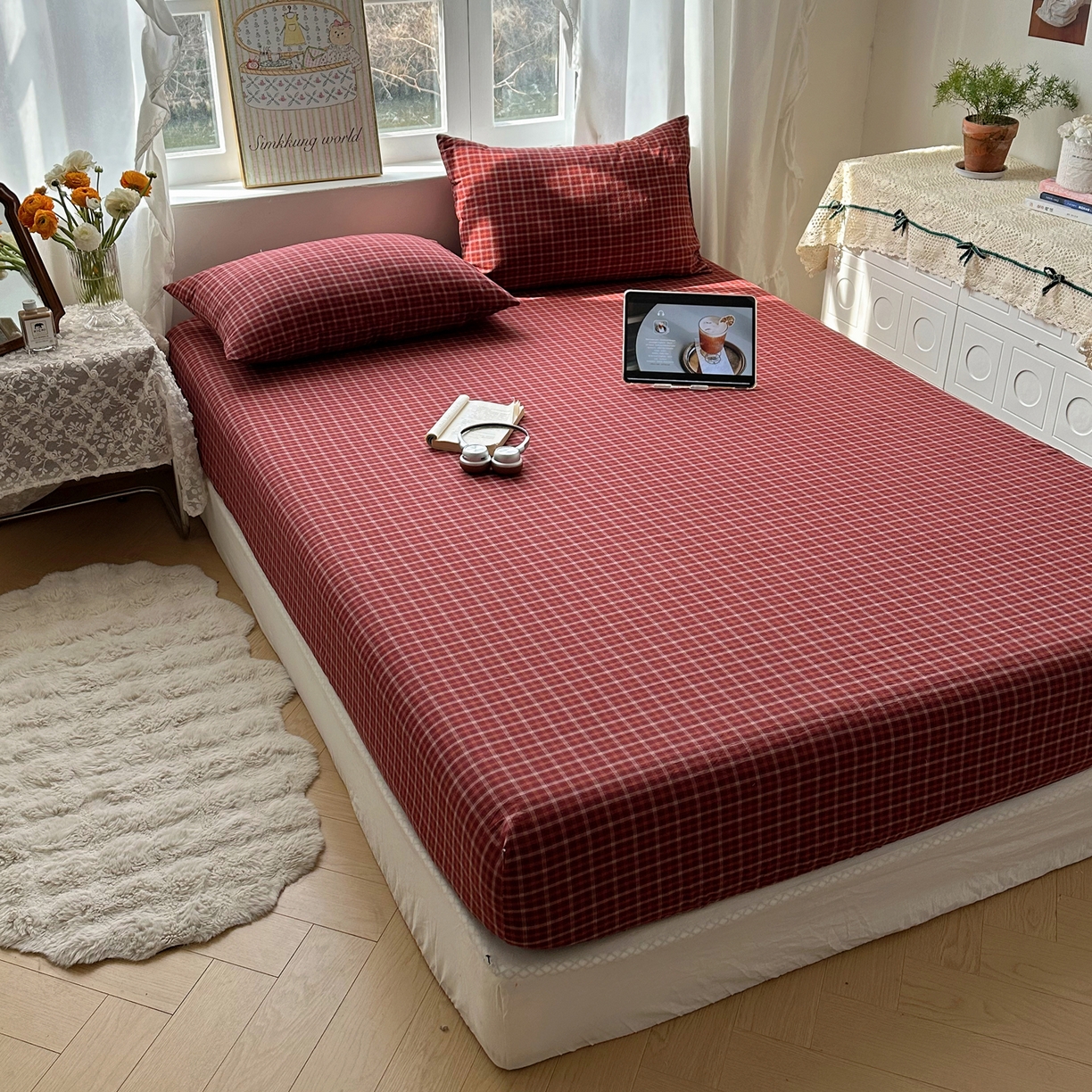 91家纺网 家纺一手货源 找家纺 六巷胡同 2026新款A类全棉纯棉水洗棉色织格子单品床笠 床笠单件 追光-红格