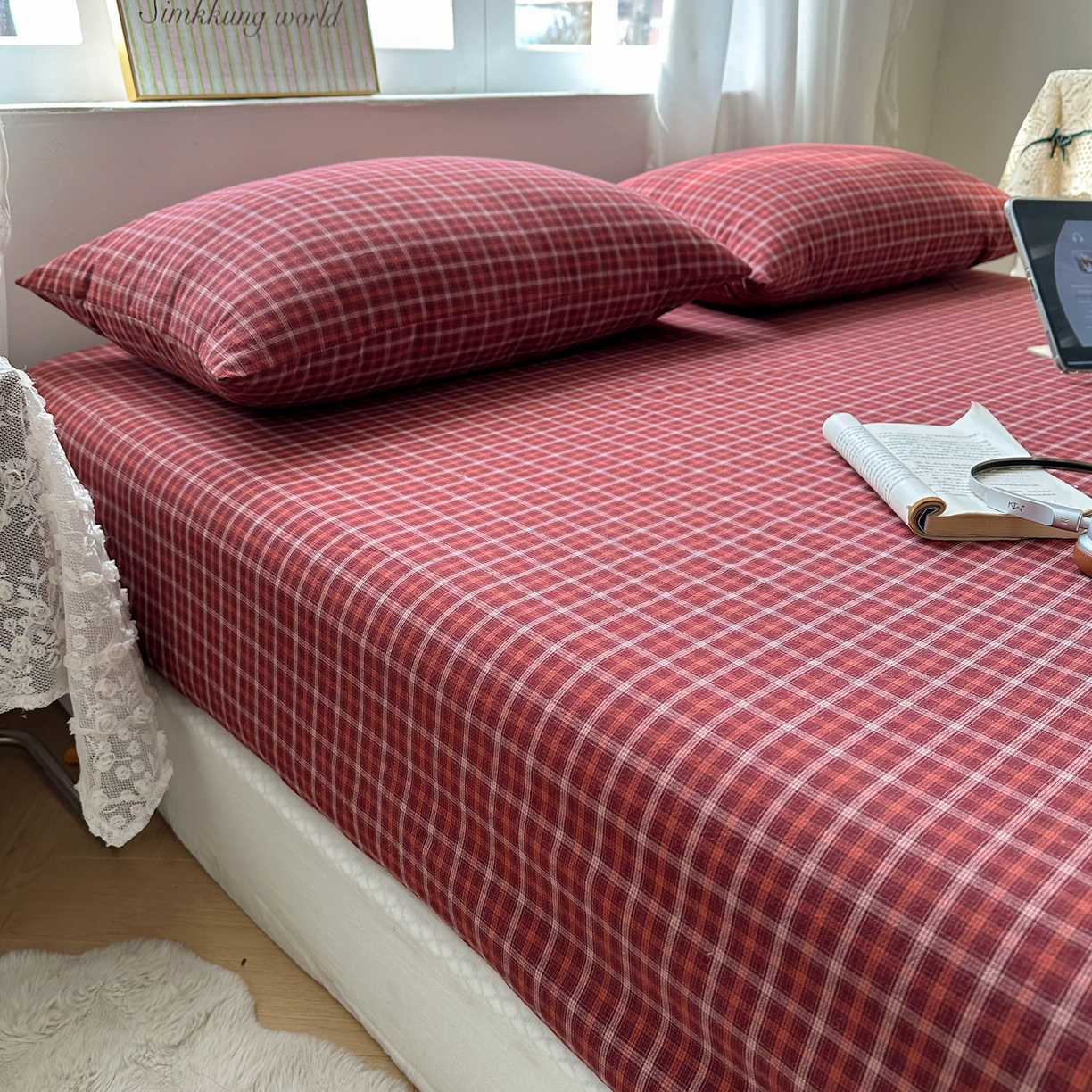 91家纺网 家纺一手货源 找家纺 六巷胡同 2026新款A类全棉纯棉水洗棉色织格子单品床笠 床笠单件 追光-红格