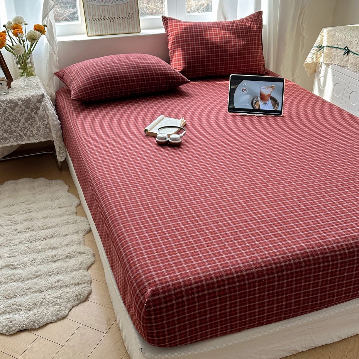 91家纺网 家纺一手货源 找家纺 六巷胡同 2026新款A类全棉纯棉水洗棉色织格子单品床笠 床笠单件 追光-红格