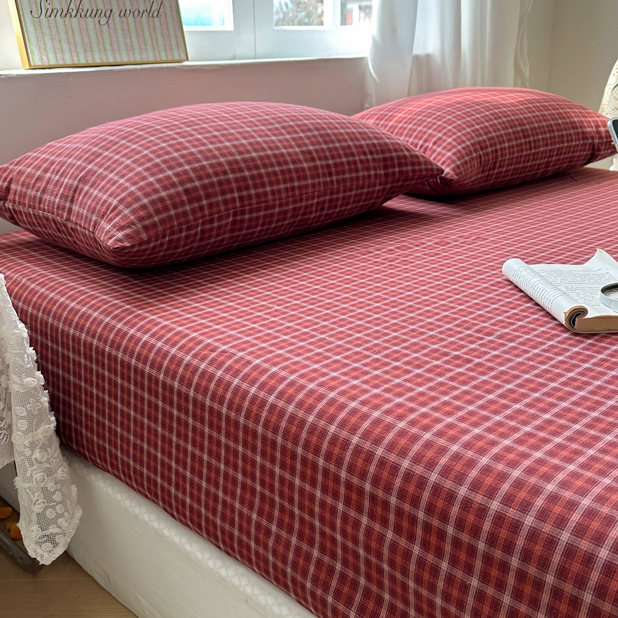 91家纺网 家纺一手货源 找家纺 六巷胡同 2026新款A类全棉纯棉水洗棉色织格子单品床笠 床笠单件 追光-红格