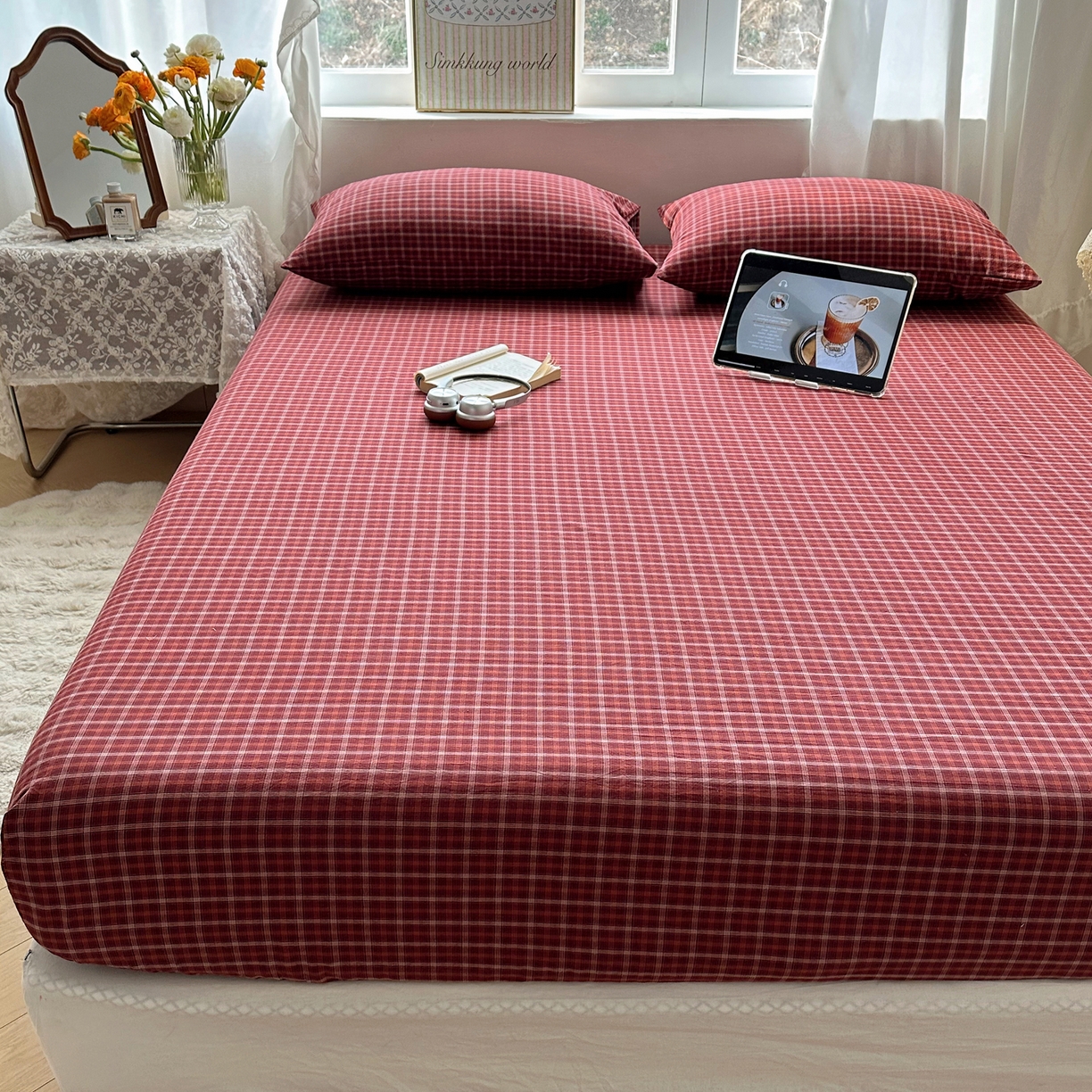 91家纺网 家纺一手货源 找家纺 六巷胡同 2026新款A类全棉纯棉水洗棉色织格子单品床笠 床笠单件 追光-红格