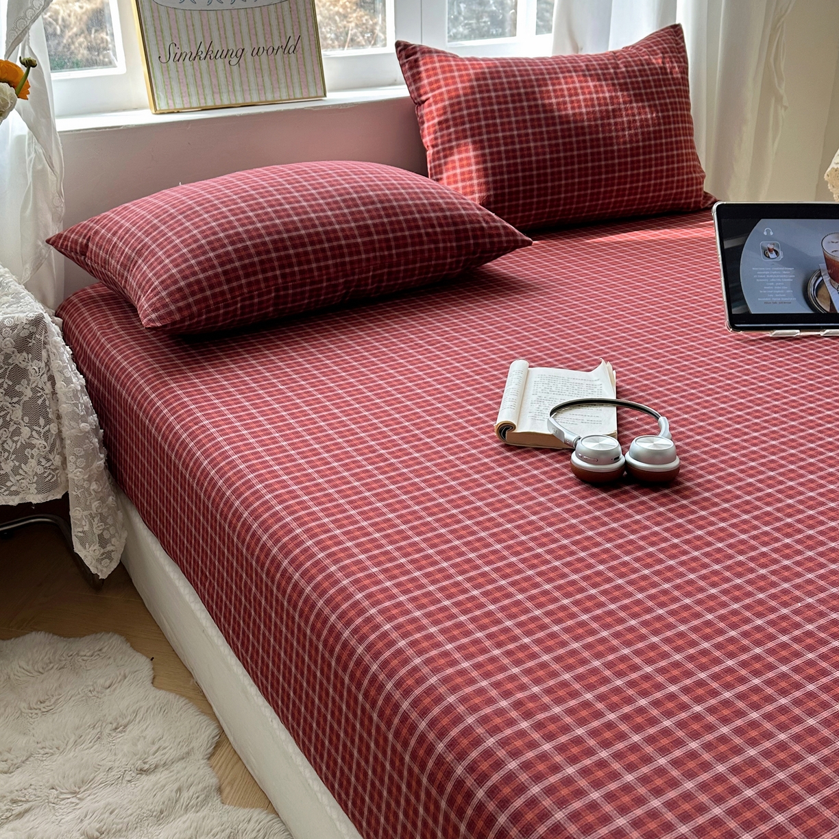 91家纺网 家纺一手货源 找家纺 六巷胡同 2026新款A类全棉纯棉水洗棉色织格子单品床笠 床笠单件 追光-红格