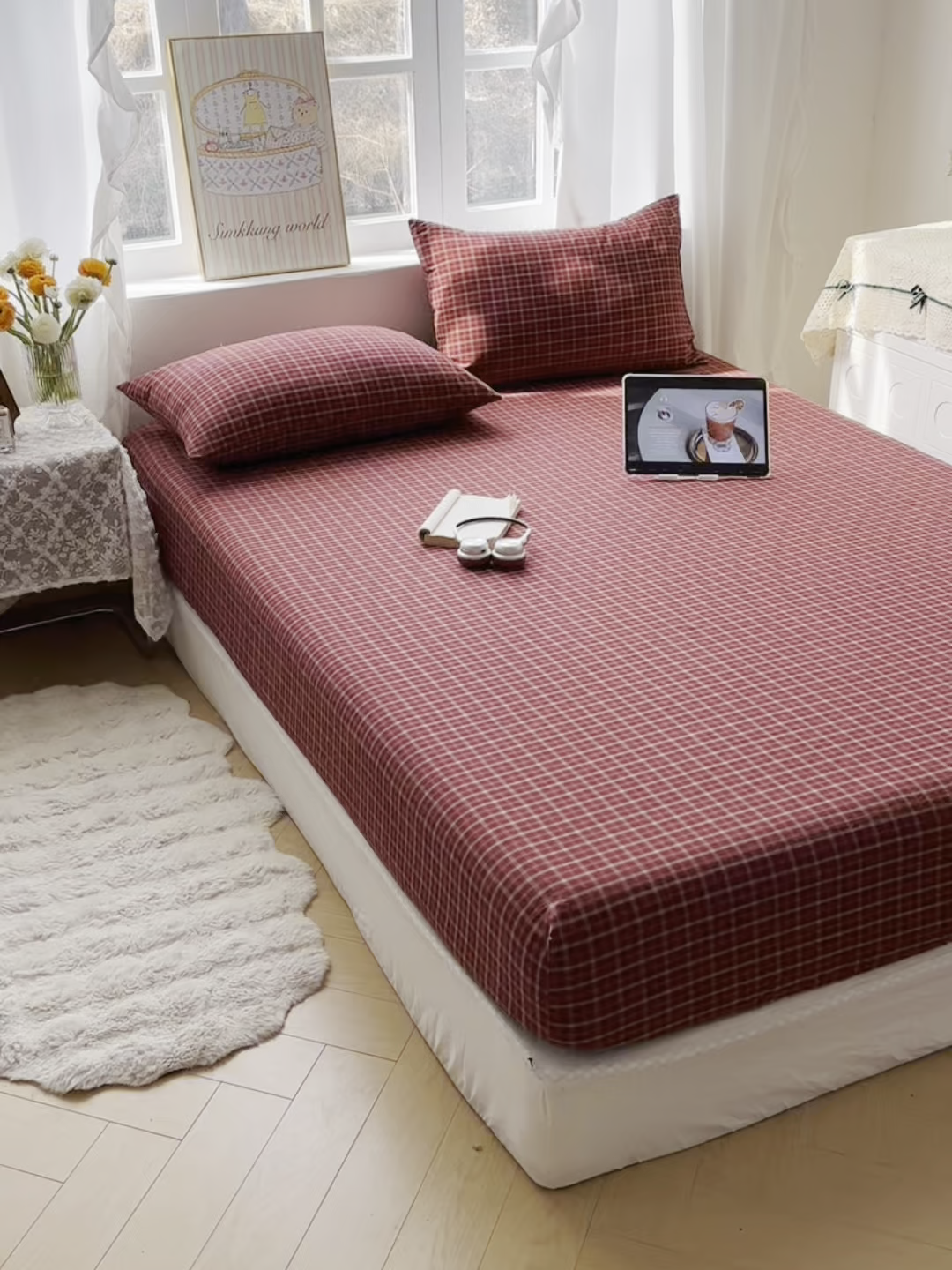 91家纺网 家纺一手货源 找家纺 六巷胡同 2026新款A类全棉纯棉水洗棉色织格子单品床笠 床笠单件 追光-红格
