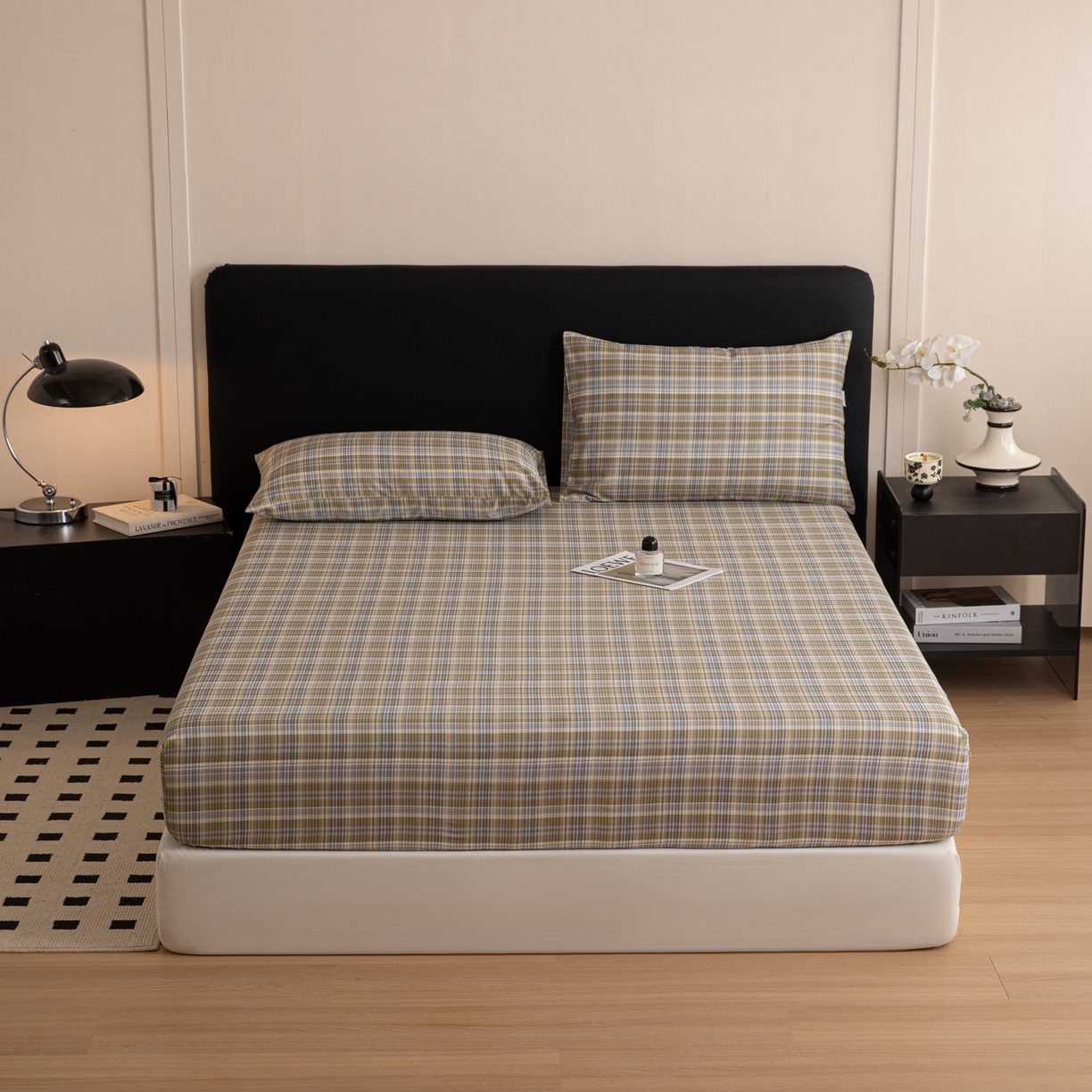 91家纺网 家纺一手货源 找家纺 简宜家居（朝初家纺） 2026新款40支13070全棉简约格子系列A版床笠 抹茶格