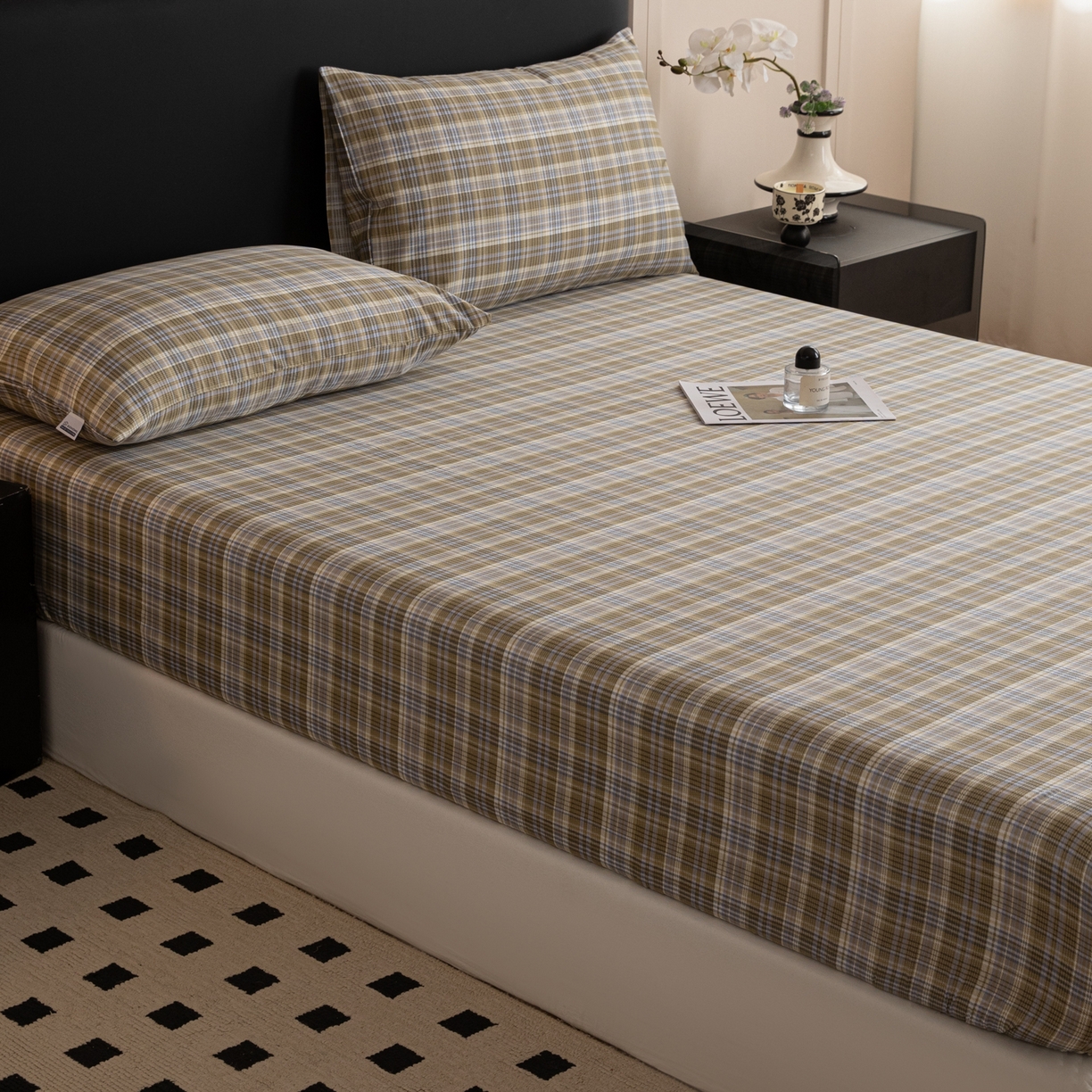 91家纺网 家纺一手货源 找家纺 简宜家居（朝初家纺） 2026新款40支13070全棉简约格子系列A版床笠 抹茶格