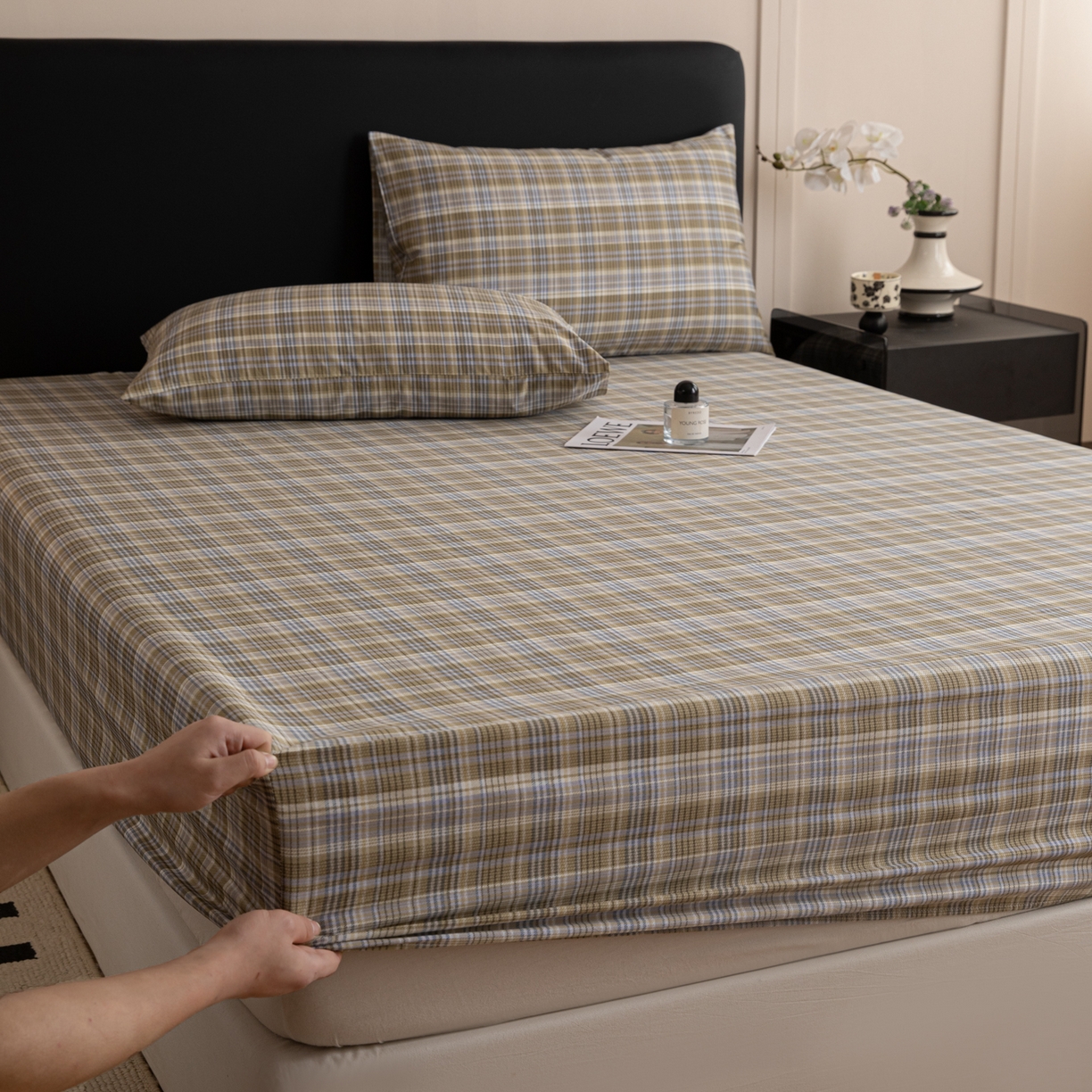 91家纺网 家纺一手货源 找家纺 简宜家居（朝初家纺） 2026新款40支13070全棉简约格子系列A版床笠 抹茶格