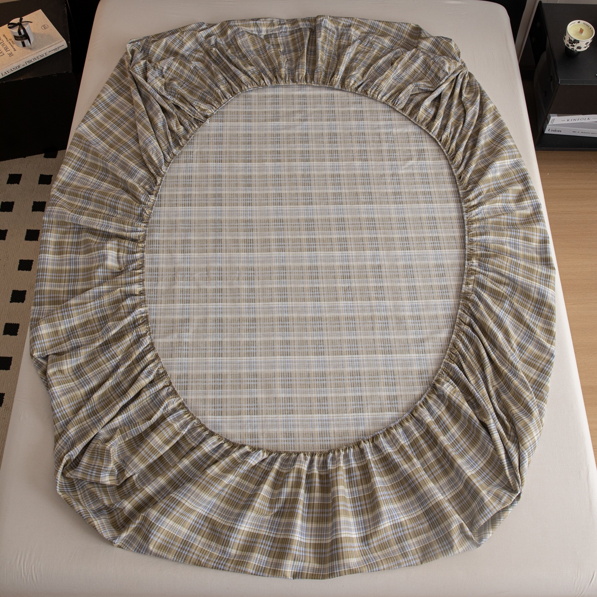 91家纺网 家纺一手货源 找家纺 简宜家居（朝初家纺） 2026新款40支13070全棉简约格子系列A版床笠 抹茶格