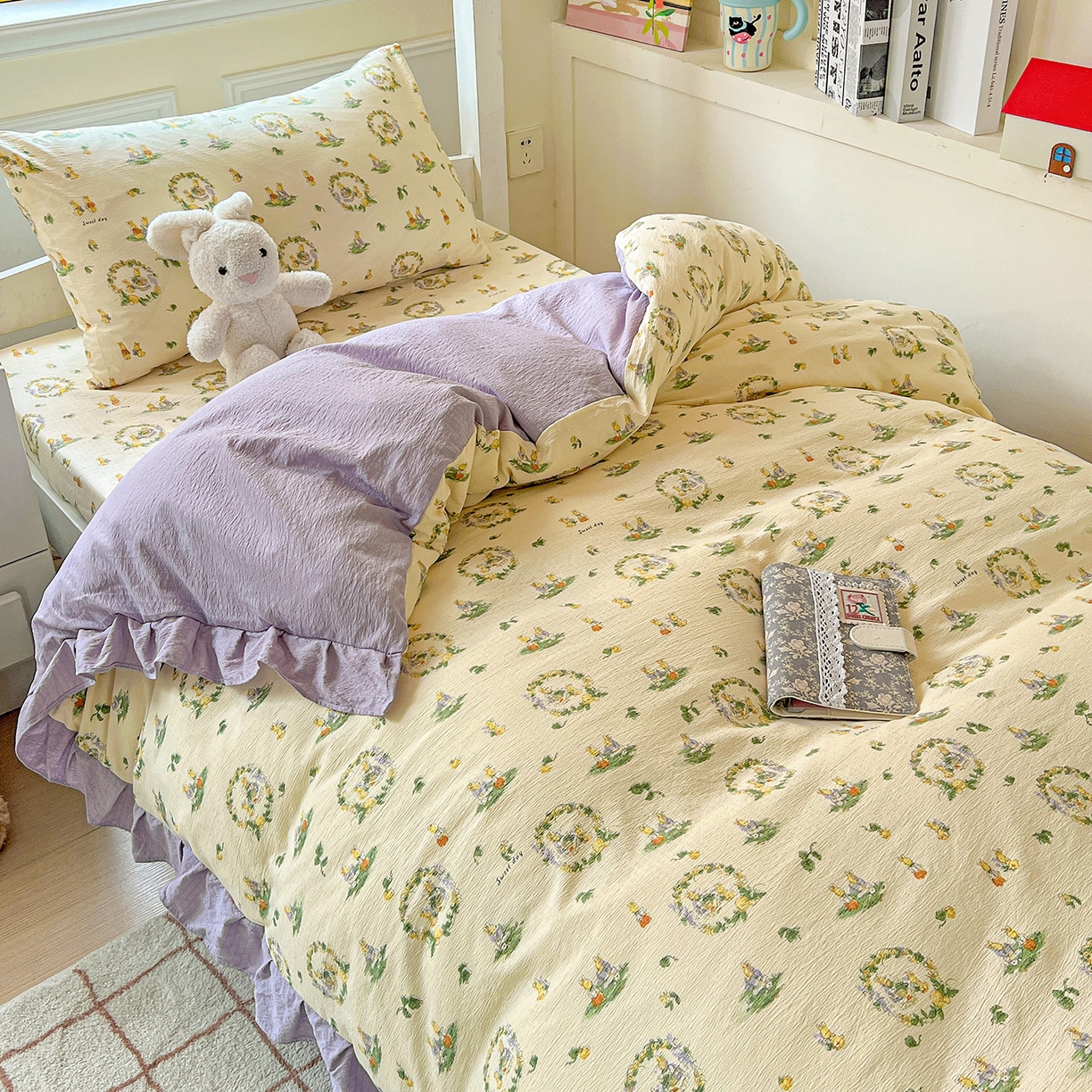 91家纺网 家纺一手货源 找家纺 纽缦家纺 2026新款云感提花双层纱学生床韩版床单床笠三四件套 兔子的欢喜