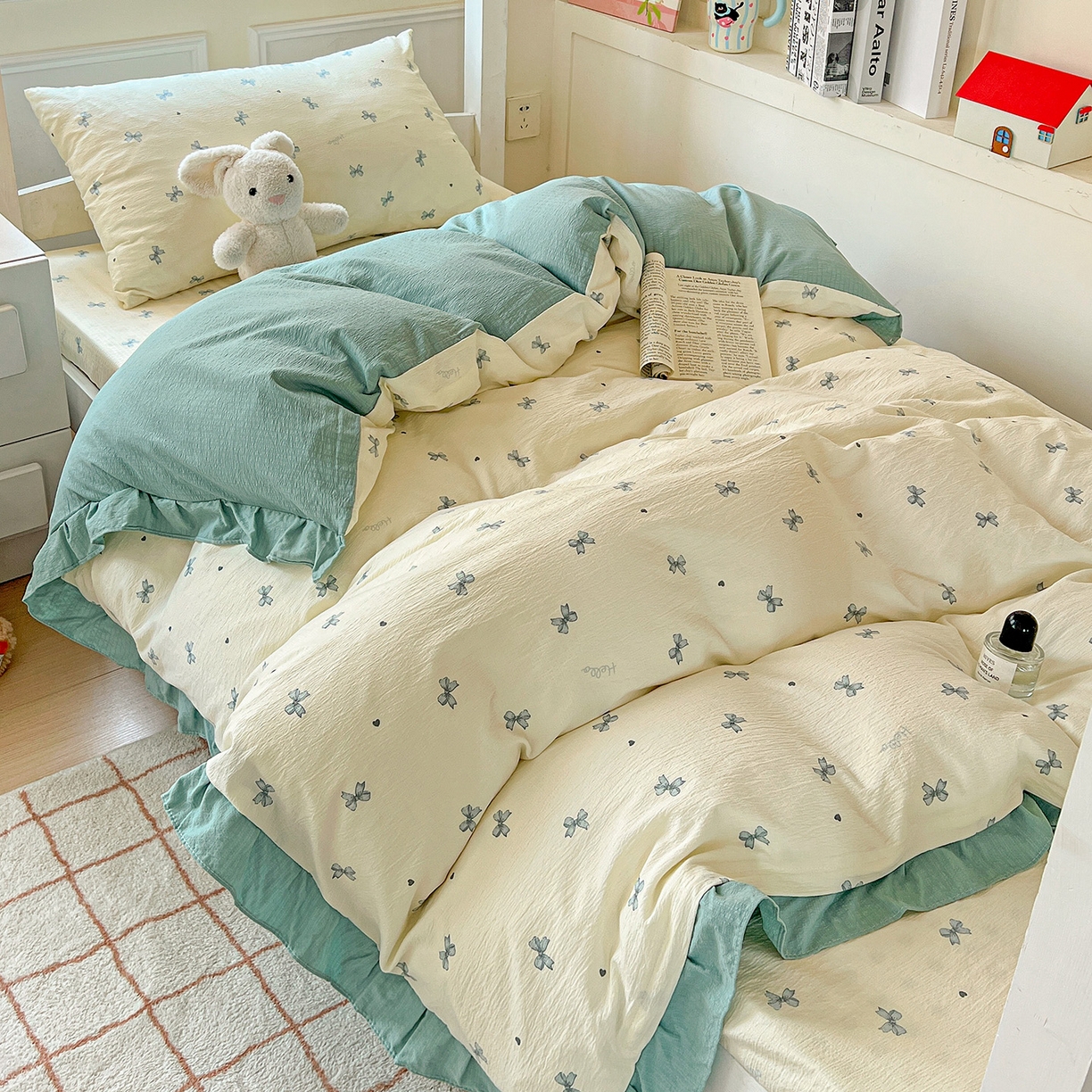 纽缦家纺 2026新款云感提花双层纱学生床韩版床单床笠三四件套 相似蓝