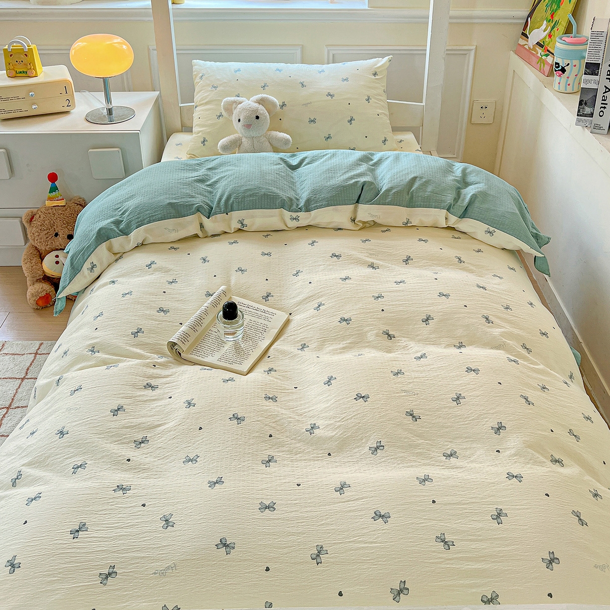 91家纺网 家纺一手货源 找家纺 纽缦家纺 2026新款云感提花双层纱学生床韩版床单床笠三四件套 相似蓝