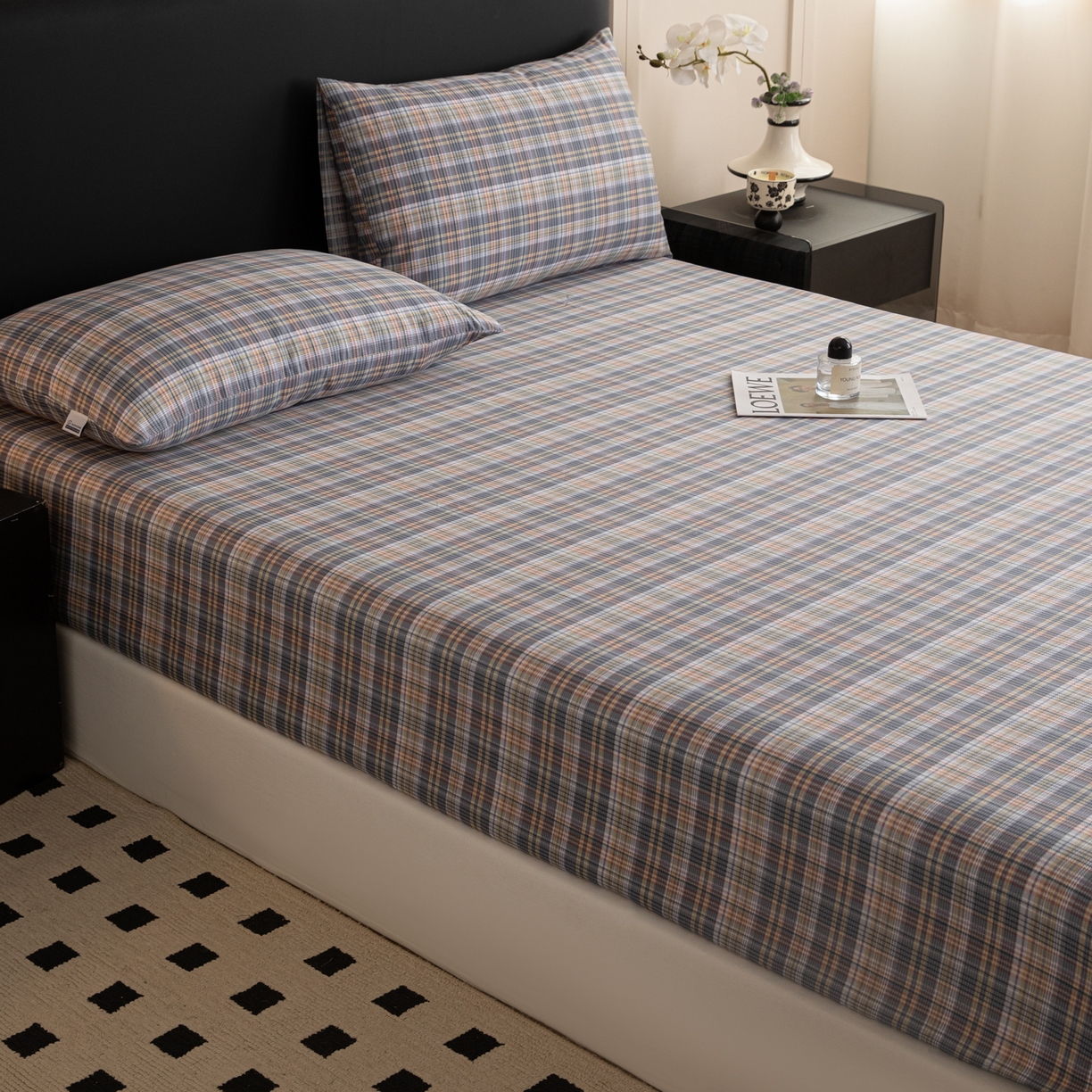 91家纺网 家纺一手货源 找家纺 简宜家居（朝初家纺） 2026新款40支13070全棉简约格子系列A版床笠 雾蓝格