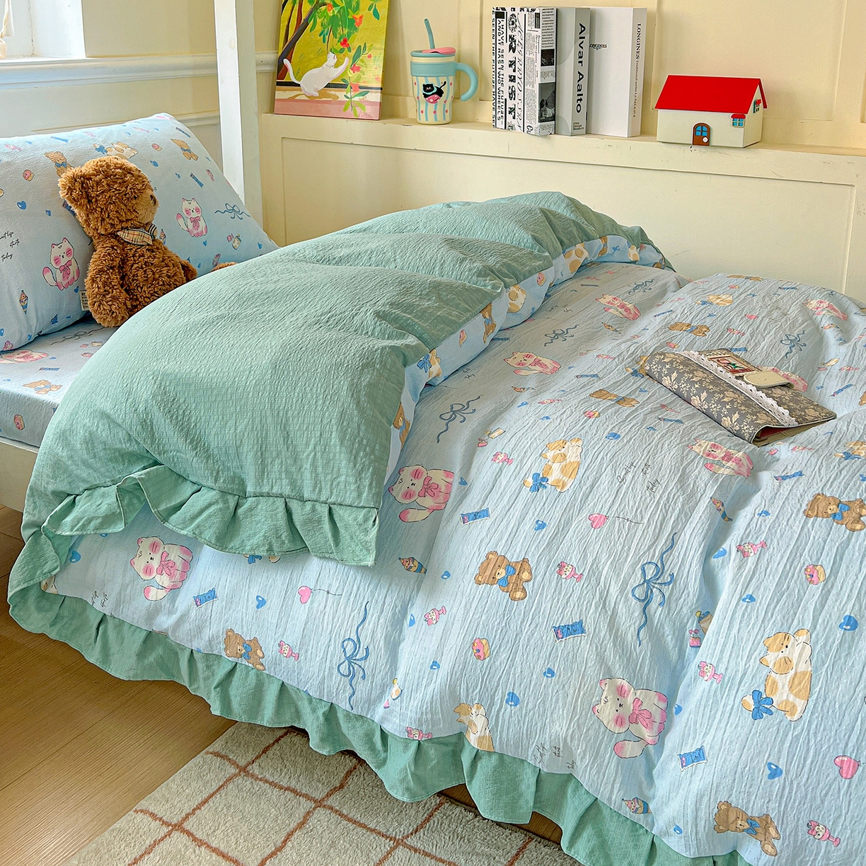 91家纺网 家纺一手货源 找家纺 纽缦家纺 2026新款云感提花双层纱学生床韩版床单床笠三四件套 小猫时光蓝