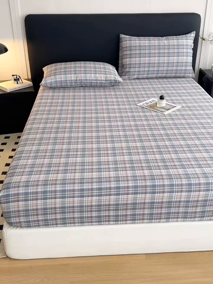 91家纺网 家纺一手货源 找家纺 简宜家居（朝初家纺） 2026新款40支13070全棉简约格子系列A版床笠 雾蓝格