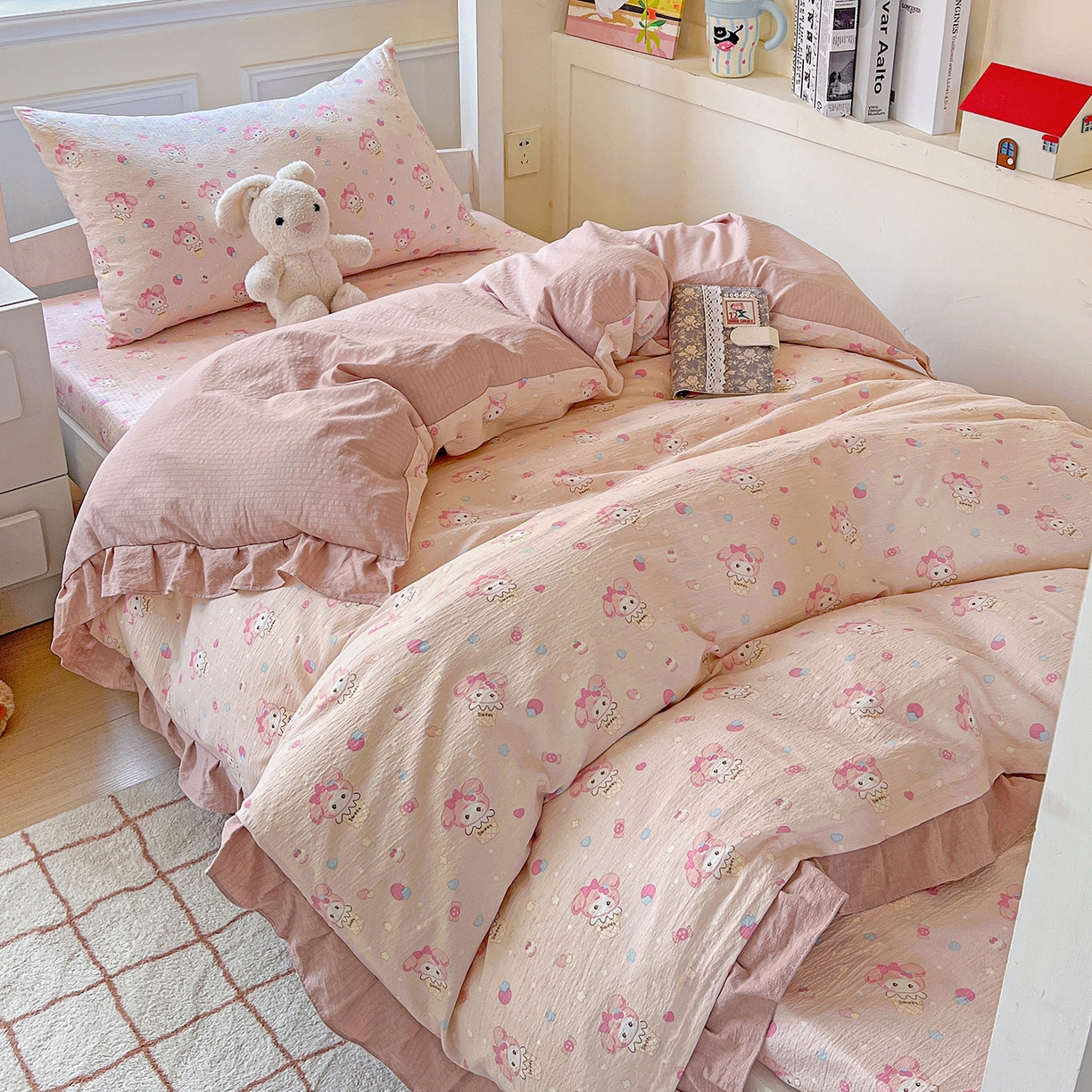 纽缦家纺 2026新款云感提花双层纱学生床韩版床单床笠三四件套 小鸥鸥