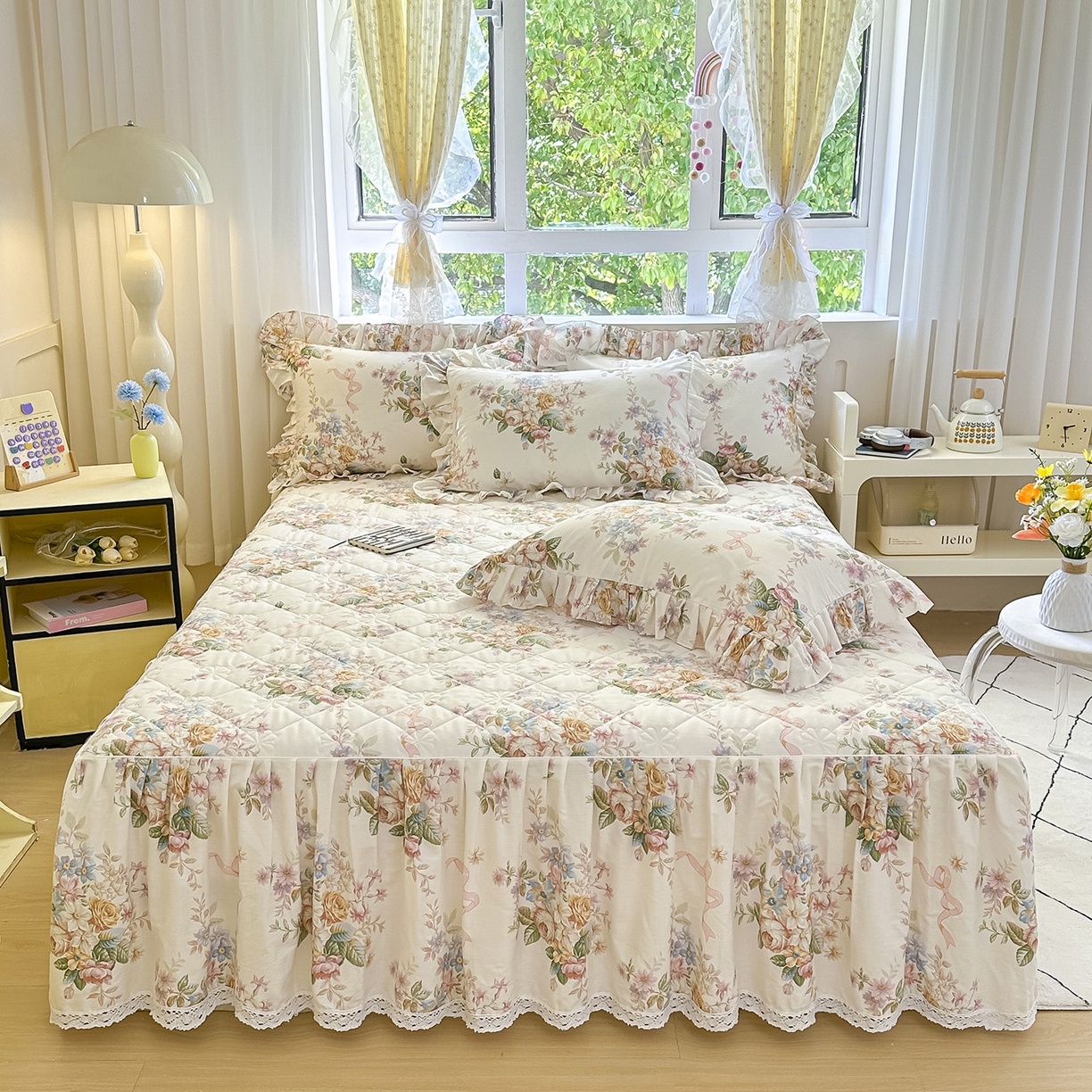 91家纺网 家纺一手货源 找家纺 （总）忘忧草 2025新款全棉133*72纯棉小清新床裙花边四件套