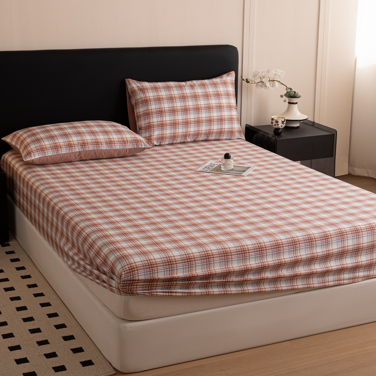 91家纺网 家纺一手货源 找家纺 简宜家居（朝初家纺） 2026新款40支13070全棉简约格子系列A版床笠 英伦-焦糖