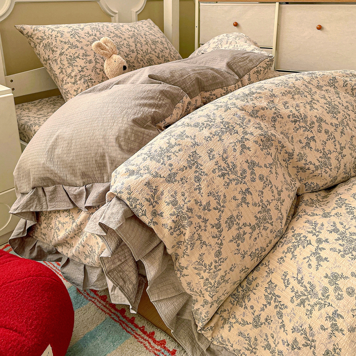 纽缦家纺 2026新款云感提花双层纱学生床韩版床单床笠三四件套 竹韵花语