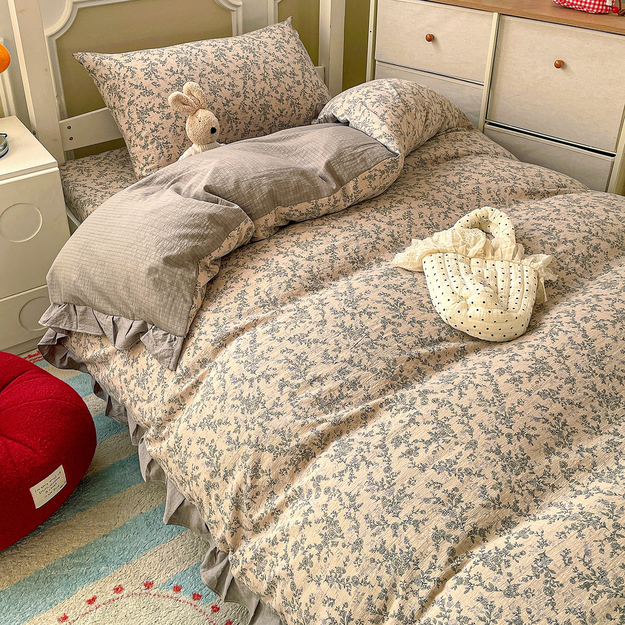 91家纺网 家纺一手货源 找家纺 纽缦家纺 2026新款云感提花双层纱学生床韩版床单床笠三四件套 竹韵花语