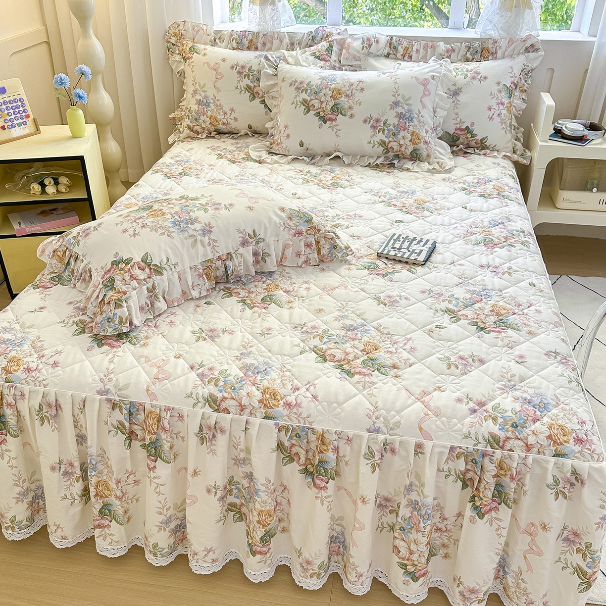 91家纺网 家纺一手货源 找家纺 （总）忘忧草 2026春夏新款全棉纯棉夹棉印花床裙床裙单件