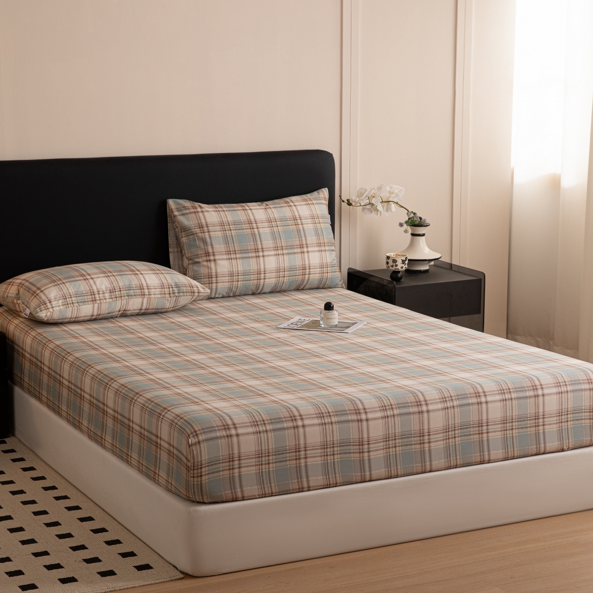 91家纺网 家纺一手货源 找家纺 简宜家居（朝初家纺） 2026新款40支13070全棉简约格子系列A版床笠 英伦-蓝咖