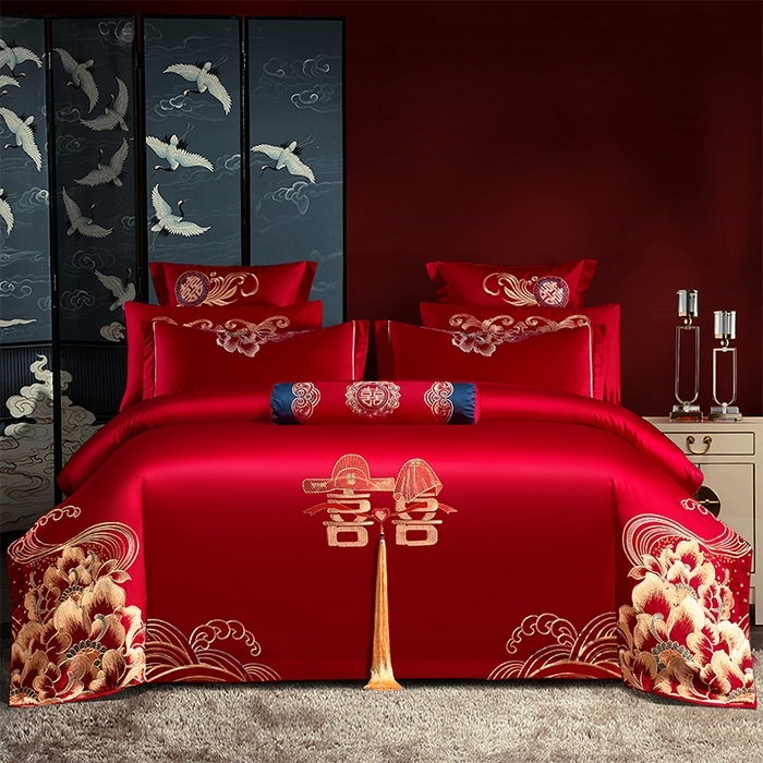 91家纺网 家纺一手货源 找家纺 （总）慕她家纺 2026年全棉纯棉婚庆四件套大红色刺绣结床上用品