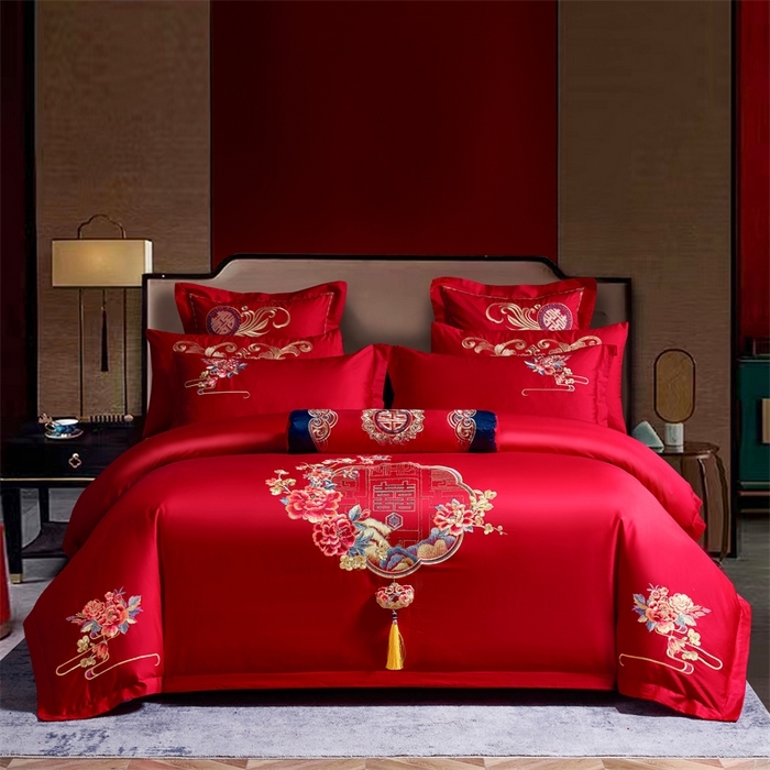 91家纺网 家纺一手货源 找家纺 （总）慕她家纺 2026年全棉纯棉婚庆四件套大红色刺绣结床上用品