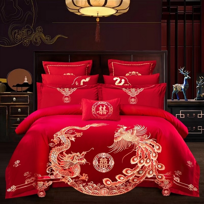 91家纺网 家纺一手货源 找家纺 （总）慕她家纺 2026年全棉纯棉婚庆四件套大红色刺绣结床上用品