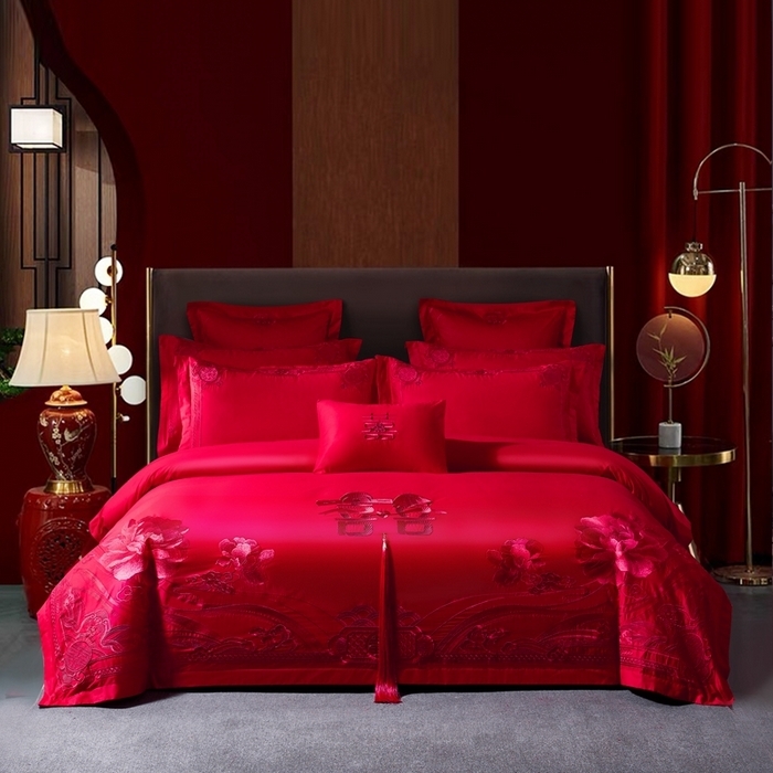 91家纺网 家纺一手货源 找家纺 （总）慕她家纺 2026年全棉纯棉婚庆四件套大红色刺绣结床上用品