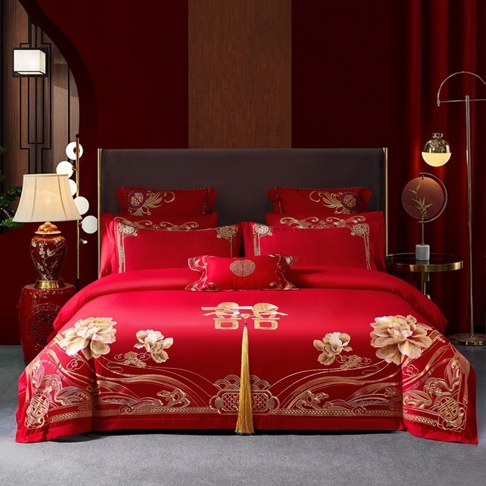 91家纺网 家纺一手货源 找家纺 （总）慕她家纺 2026年全棉纯棉婚庆四件套大红色刺绣结床上用品