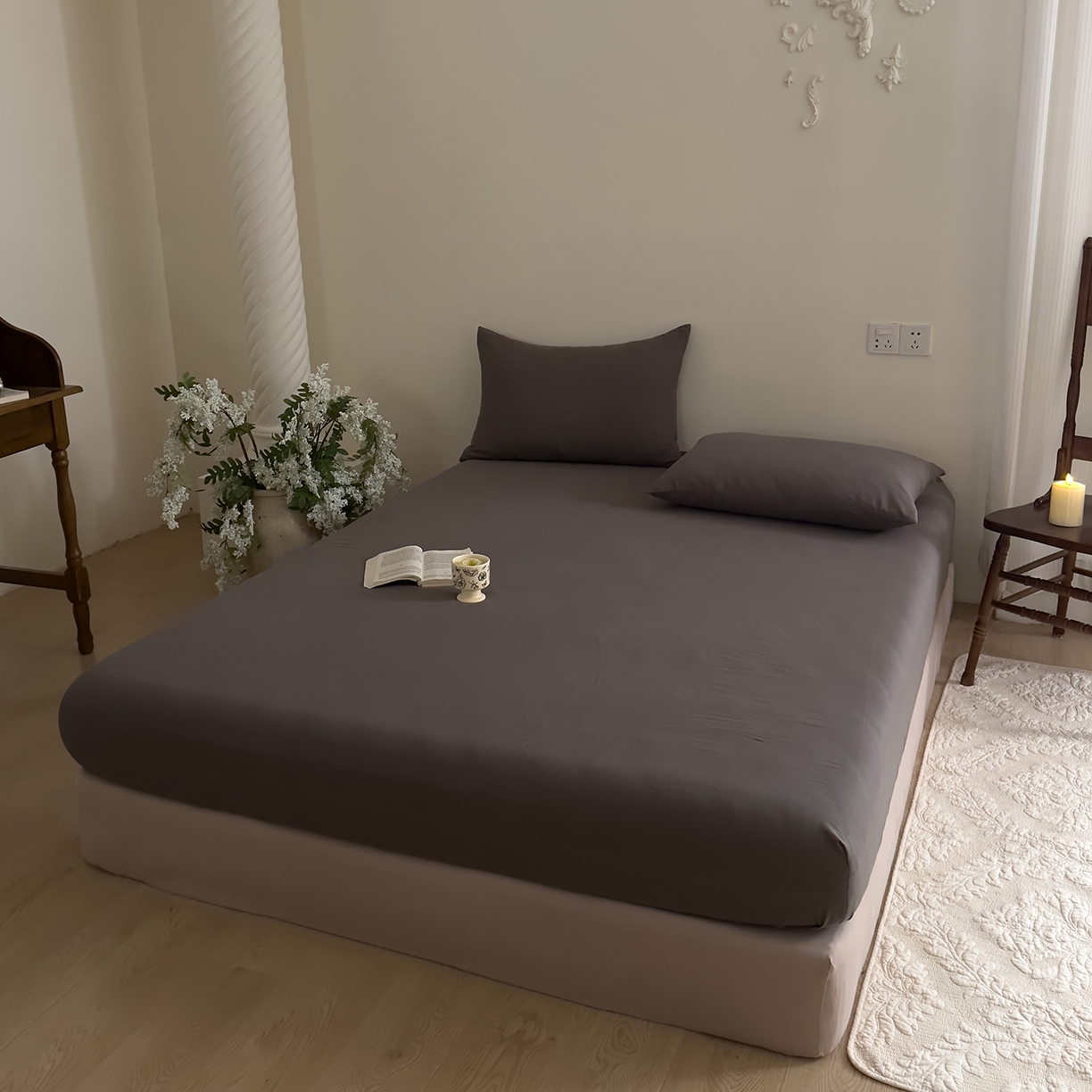 91家纺网 家纺一手货源 找家纺 DoDo 兜兜 2026新款全棉纯棉复古双层纱单品床笠系列（可定做尺寸） 烟灰色