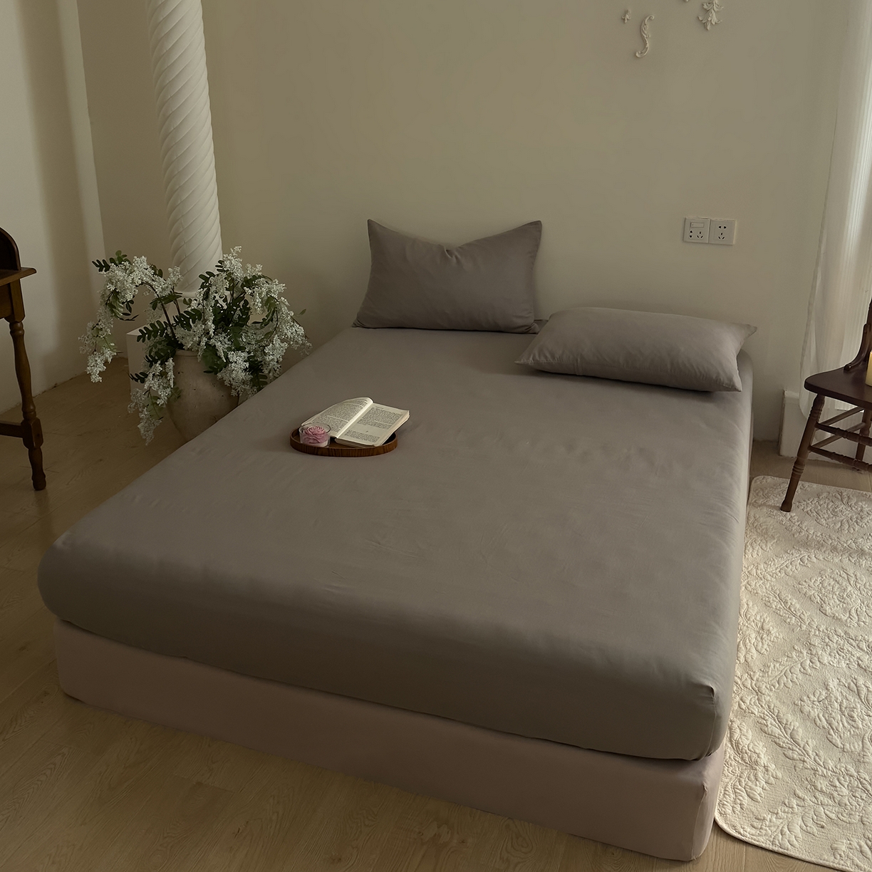 91家纺网 家纺一手货源 找家纺 DoDo 兜兜 2026新款全棉纯棉复古双层纱单品床笠系列（可定做尺寸） 浅茶灰