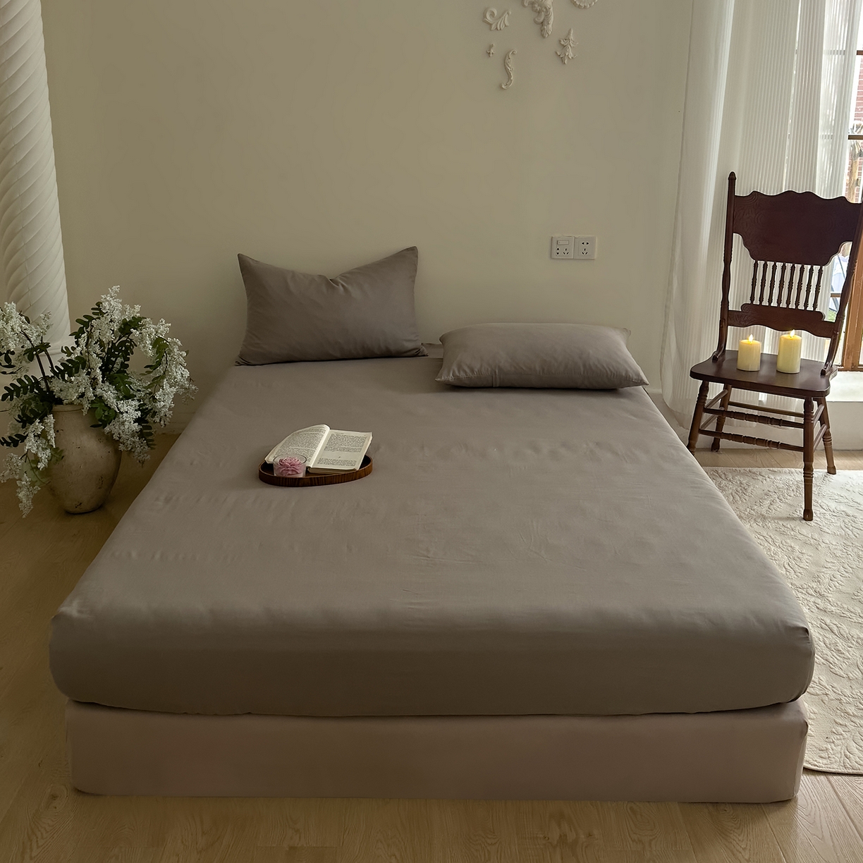 91家纺网 家纺一手货源 找家纺 DoDo 兜兜 2026新款全棉纯棉复古双层纱单品床笠系列（可定做尺寸） 浅茶灰