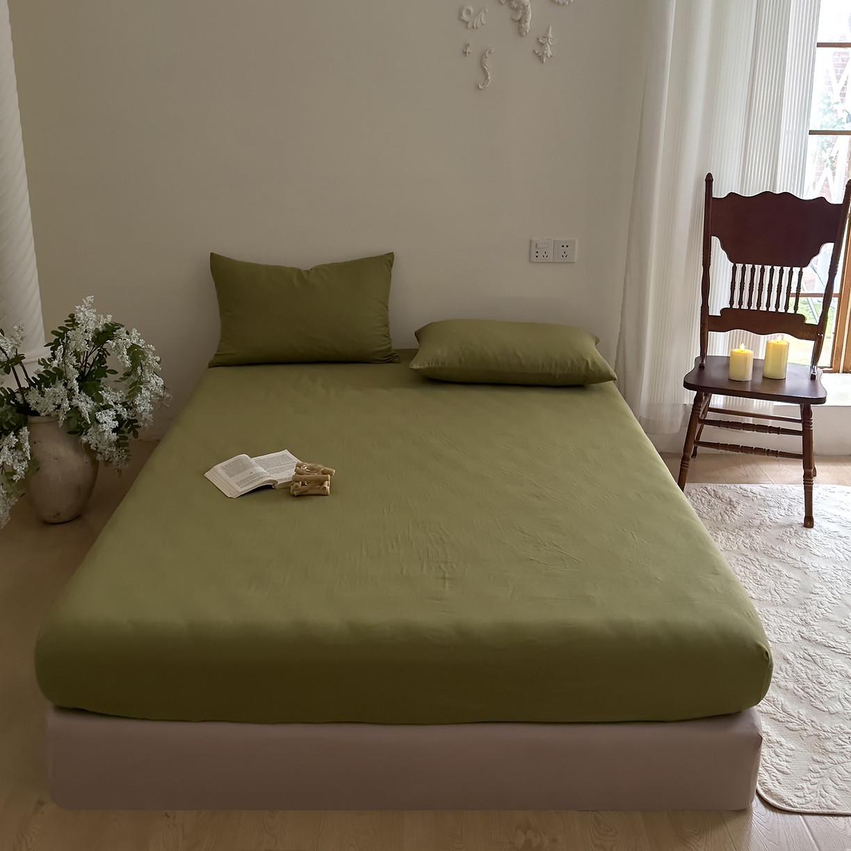 91家纺网 家纺一手货源 找家纺 DoDo 兜兜 2026新款全棉纯棉复古双层纱单品床笠系列（可定做尺寸） 深绿色